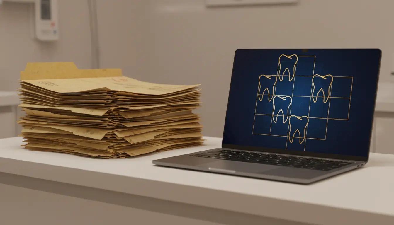 Comparación historia clínica en papel manchado vs digital limpia en pantalla