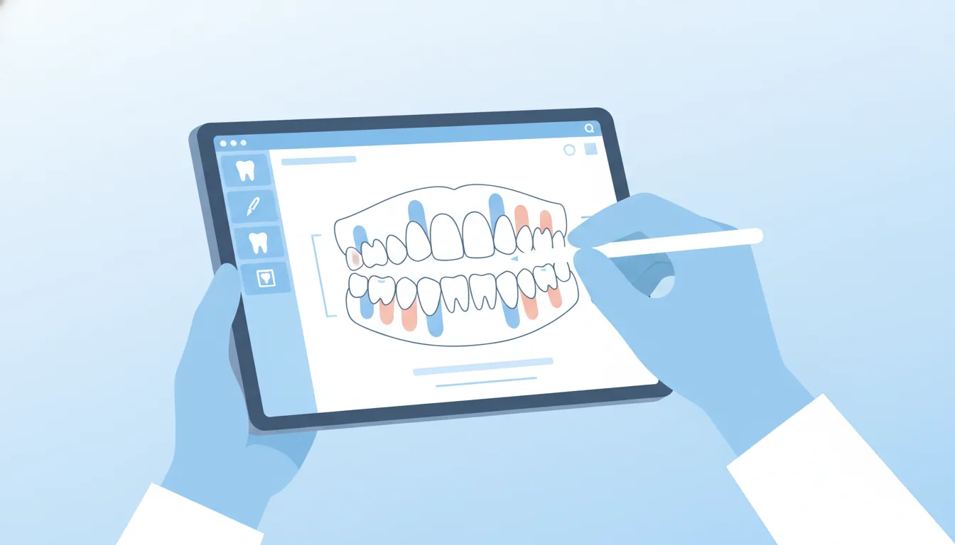 Odontograma digital en pantalla mostrando estado de cada diente del paciente
