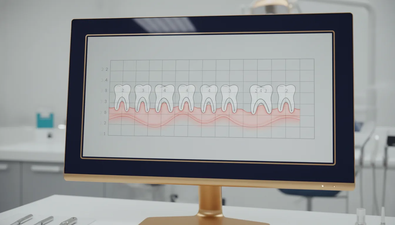 Periodontograma digital en pantalla mostrando profundidad de sondaje por diente